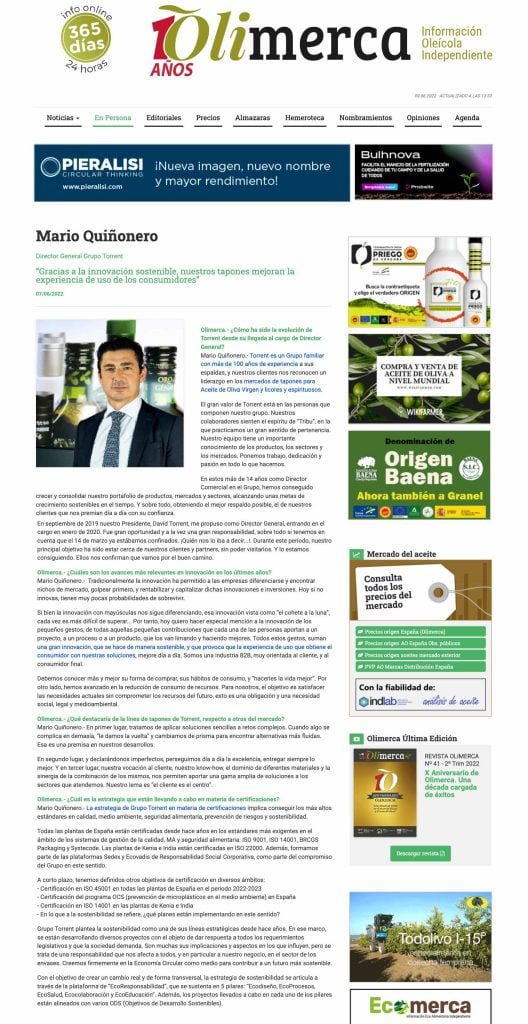 Mario Quiñonero: “Gracias a la innovación sostenible, nuestros tapones mejoran la experiencia de uso de los consumidores” 2 | Grupo Torrent España TorrentClosures 00 entrevistaMario Quinones | Grupo Torrent España